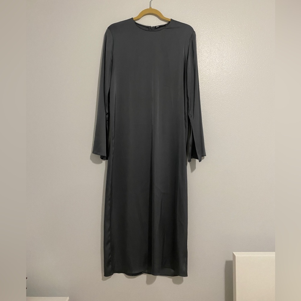 Zara grey silky long sleeve dress